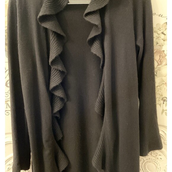 Bloomingdale’s Sweater Women's L Black Cardigan Long Ruffled Wool Cashmere Blend - Picture 5 of 14